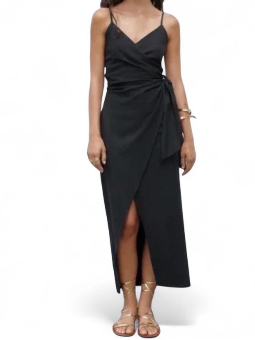 Zara Black Linen Blend Knotted Midi Dress Med NWT